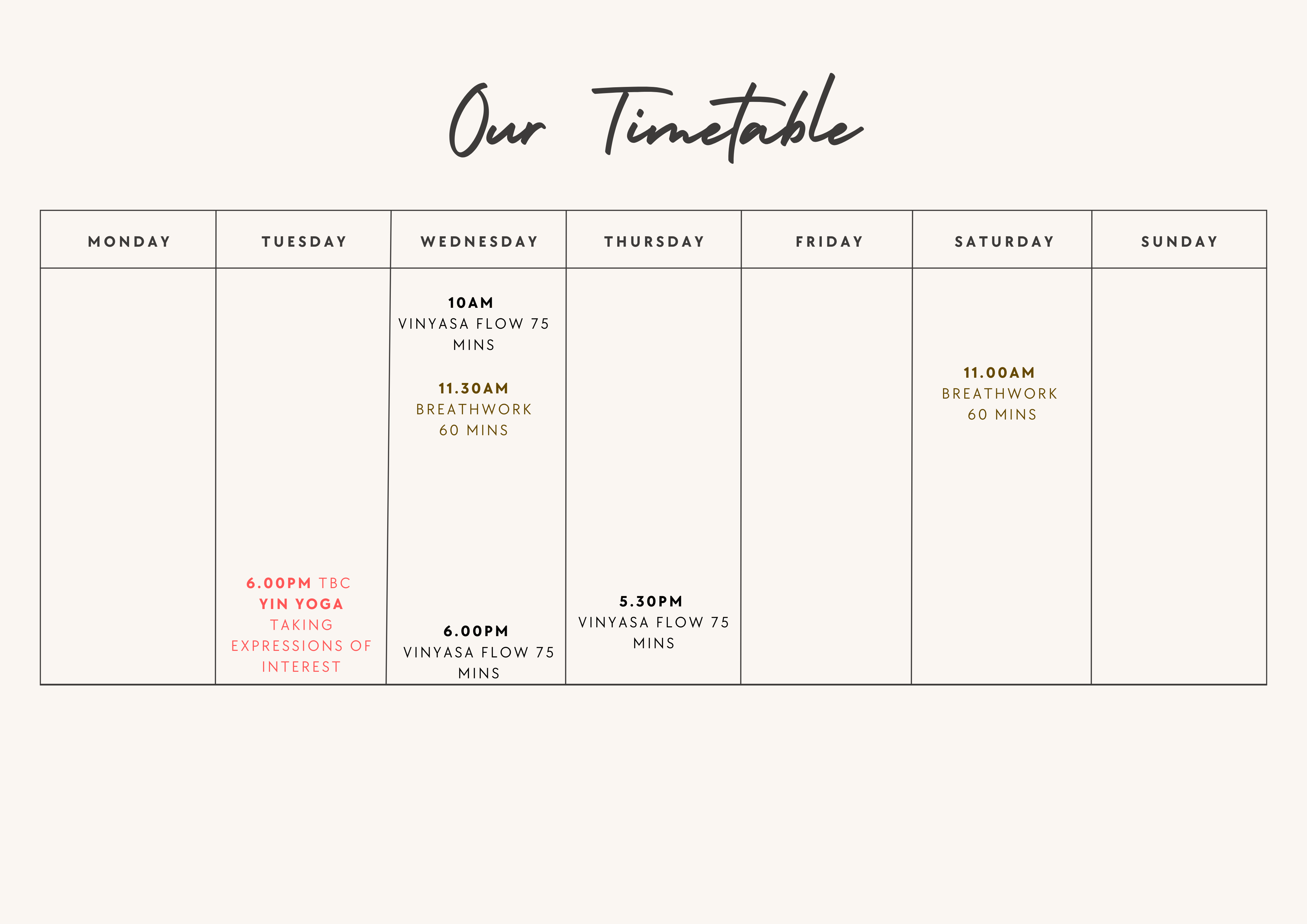 Table of yoga studio timetable in Levin